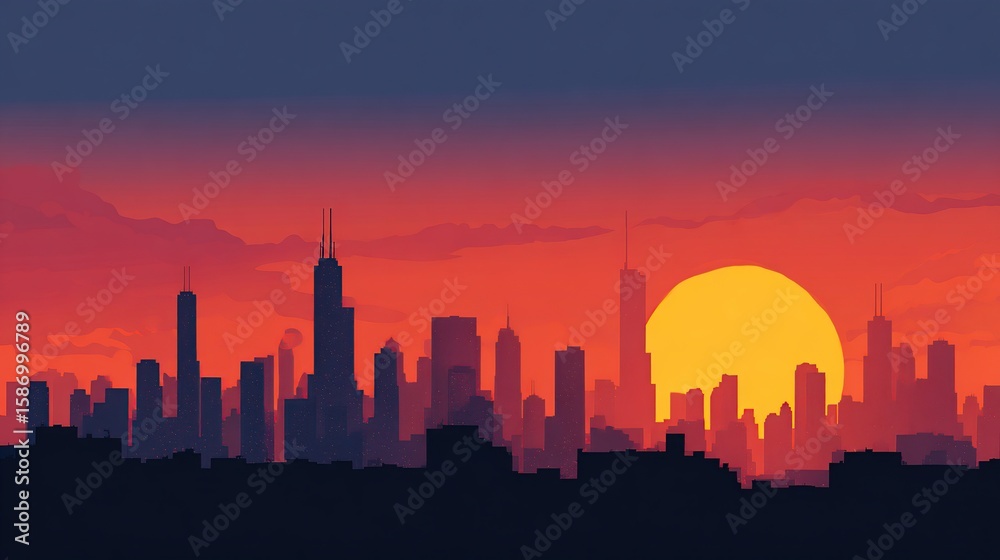 Fototapeta premium Silhouette cityscape at vibrant sunset