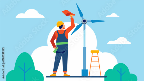 A worker standing on a platform high above the ground using a specialized tool to connect electrical components in the wind turbine.. Vector illustration