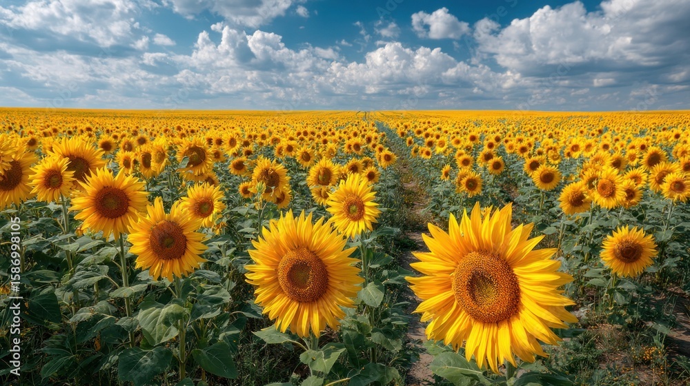 Obraz premium A Stunning Panorama of a Sunflowers Field Under a Summer Sky