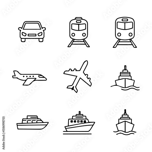 Black and white transportation icons car trains airplanes and ships arranged in a 3x3 grid