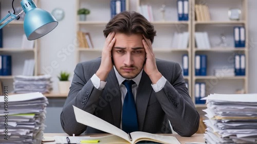 Overworked businessman feeling stressed and frustrated with too much paperwork. Young man suffering from burnout at his corporate job.