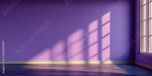 Empty room with purple walls and sunlight casting shadows.