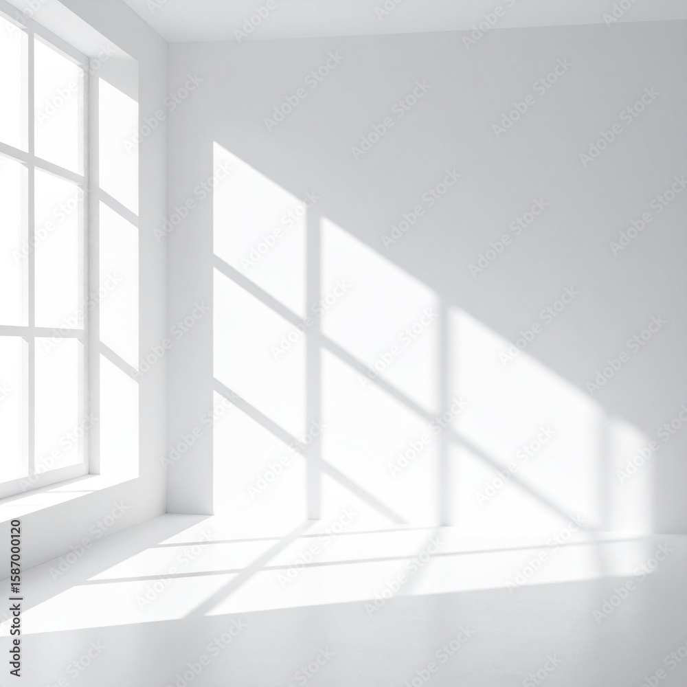 Fototapeta premium Minimalist Empty White Room with Geometric Sunlight and Window Shadows on Wall