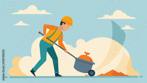Dust swirling in the air as a worker uses a shovel to load cement into the mixer the effort etched on their face as they sweat in the hot sun.. Vector illustration
