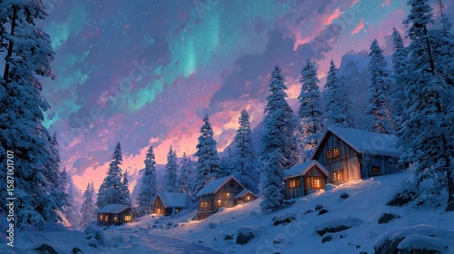 Enchanted Winter Village Under Aurora Borealis