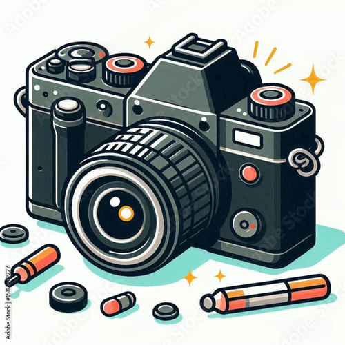 Cartoon camera with accessories A gray camera with shiny accents and orange details