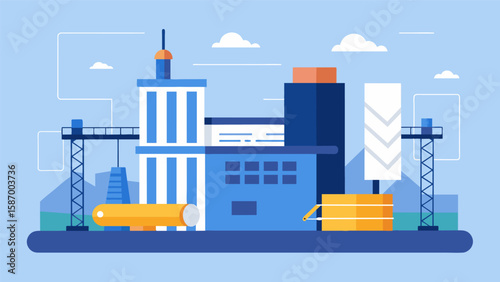 The blueprint lays flat on the table with the construction site bustling behind it showing the direct correlation between the plans and the exeion of. Vector illustration
