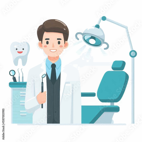 Cartoon dentist smiles in office with chair lamp tooth tools and cabinet