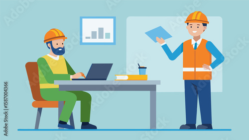 One worker sits at a desk reviewing safety protocols and taking notes in a training manual while another stands nearby watching a demonstration of. Vector illustration