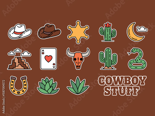 Wild West Icons: An illustrated composition of wild west elements, designed in a graphic and thematic layout, perfect for evoking the spirit of the frontier and a cowboy