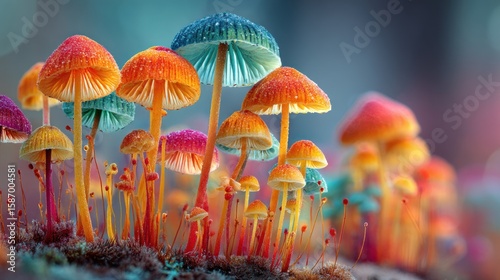 Vibrant Rainbow Mushrooms in a Mystical Forest