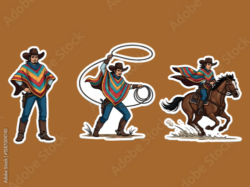 Cowboy Adventures: Captivating illustration that portray cowboy, pony and rope action, adventure, horse riding and cowboy lifestyle on a backdrop with brown tone. 
