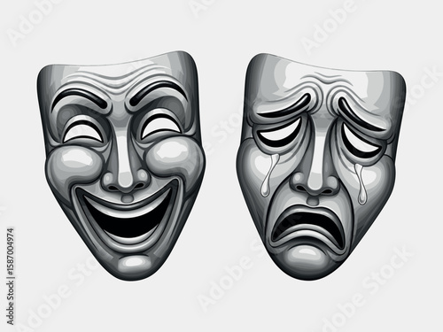 Comedy and Tragedy Masks: A pair of classic theatrical masks, one depicting a joyful, laughing face and the other a sorrowful, weeping face.