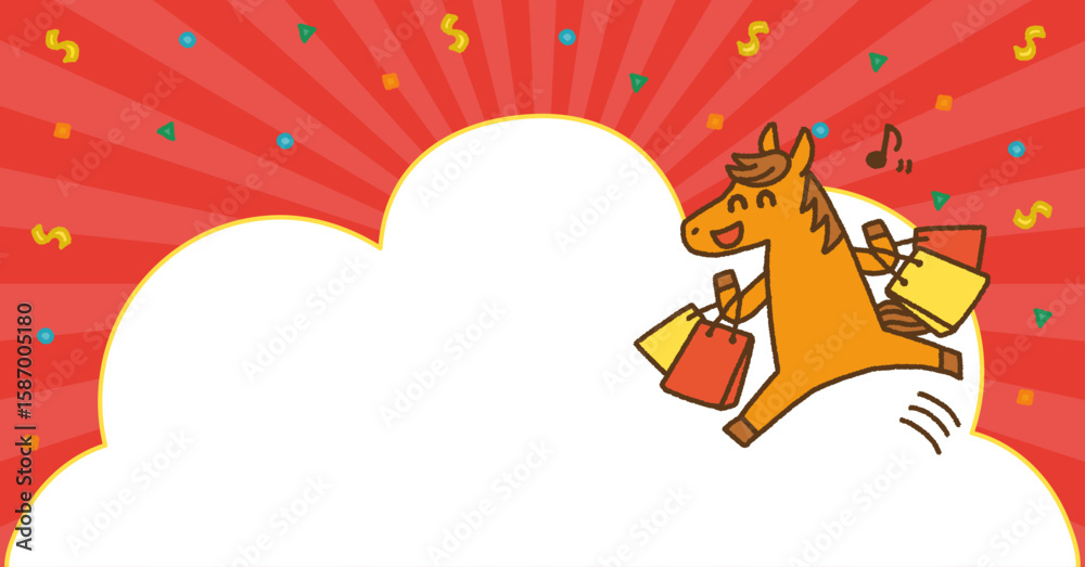 Obraz premium 2026年 午年 年末年始 セール バナー 馬のキャラクターと紙吹雪の背景（余白あり）