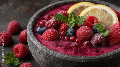 Delicious Berry Smoothie Bowl with Raspberries, Blueberries, Pomegranate Seeds, and Lemon