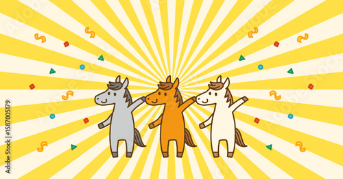 2026年 午年 年末年始 セール バナー 馬のキャラクターと紙吹雪の背景（余白あり）