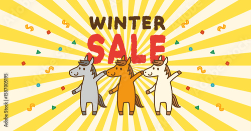 2026年 午年 年末年始 セール バナー  馬のキャラクターと紙吹雪の背景