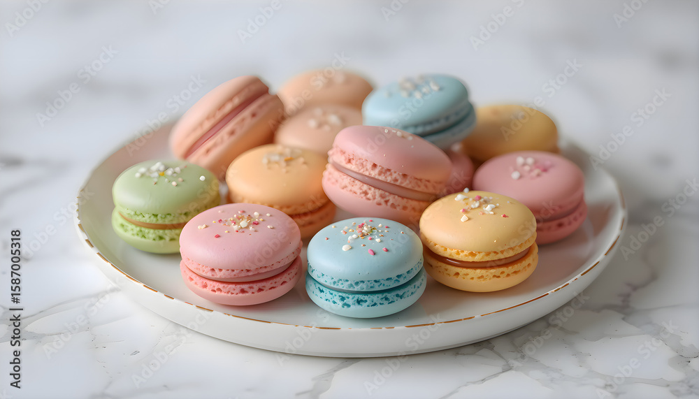 Obraz premium Plate full of assorted colorful macarons placed on a table, capturing the vibrant dessert textures and sweet variety in an elegant food presentation
