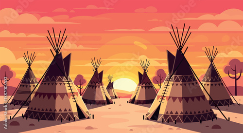 Native American Tipi Village Sunset