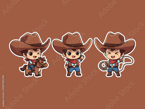 Cowboy Collection: A delightful compilation of three charming cartoon cowboys, each embodying the spirit of the Wild West with their playful poses and endearing expressions.