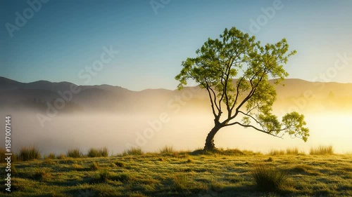 A solitary tree stands on the shore of a misty lake at sunrise, with golden light filtering through the fog and mountains in the background.