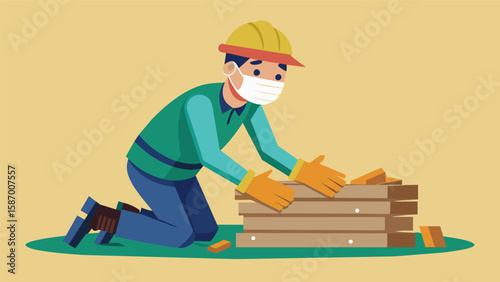 A worker wearing gloves and a face mask carefully removing nails and screws from wooden planks before stacking them into a designated pile for. Vector illustration