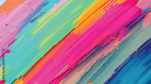 Abstract artistic background composed of colorful diagonal brushstroke textures and splatters.