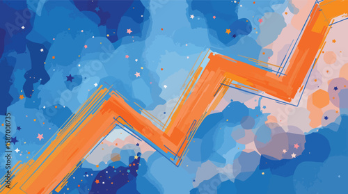 Abstract brushstroke with orange arrow against a watercolor sky illustration with stars.