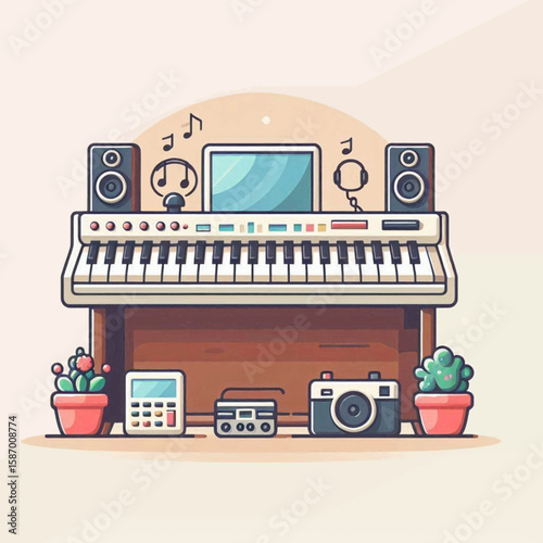 Cartoon drawing of a keyboard speaker headphone computer plants calculator tape player and camera on a table
