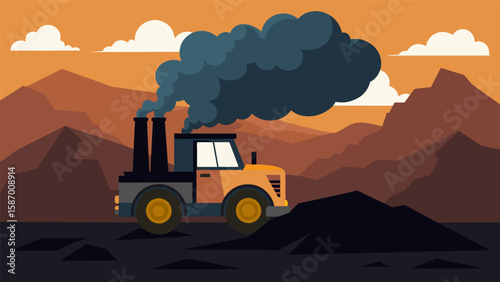 Thick black smoke billows from the exhaust pipes of a bulldozer as it powers through rocky terrain.. Vector illustration