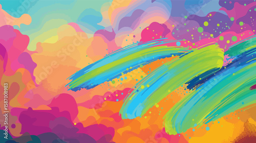 Abstract colorful background design with artistic brushstrokes and vibrant layered shapes.