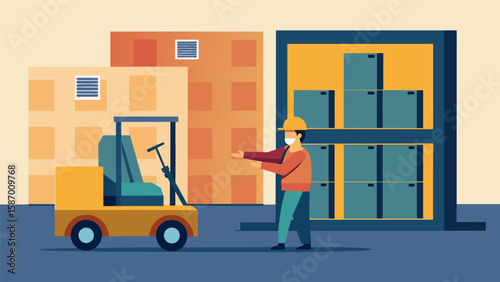 A worker using a forklift to move and position individual modular units that will eventually come together to form a hotel room.. Vector illustration