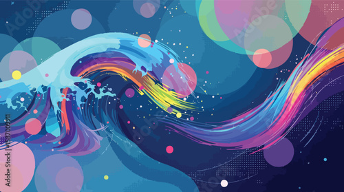 Abstract depiction of a colorful ocean wave with vibrant brushstrokes and a cosmic background.