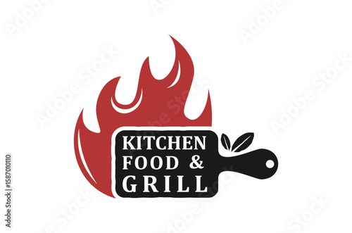A fiery logo for a kitchen, food, and grill establishment.  The design features a cutting board and flames.