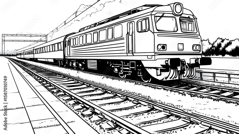 Naklejka premium Black and white illustration of a train at a station.