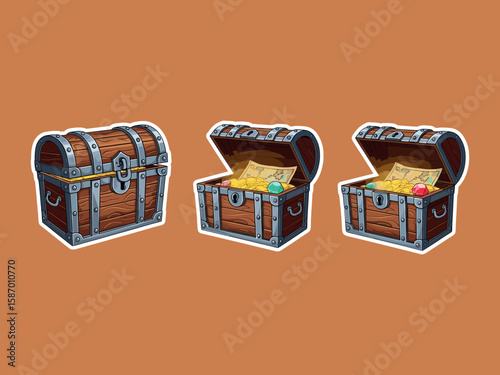 Treasure Trove Trio: Antique treasure chests, some open, spilling their bounty of gold and maps, stand against an orange background, promising adventure and wealth.
