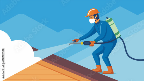 A worker wearing protective gear using a spray gun to apply foam insulation to the underside of a roof.. Vector illustration