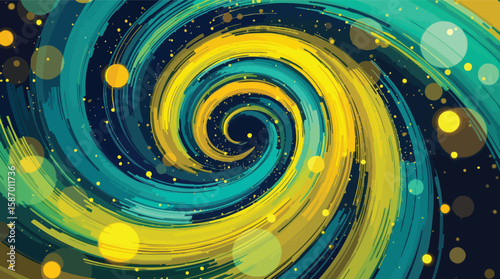 Abstract swirl design in teal and yellow colors with brushstroke texture and bokeh effect.