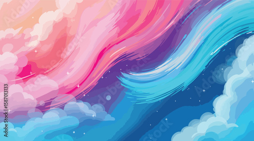 Abstract watercolor background depicting a colorful sky with clouds and stars.