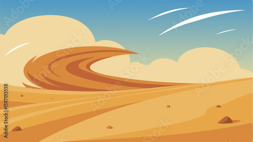 The wind picks up speed sending sand and dust flying in every direction creating a palpable sense of movement and energy in the otherwise still and desolate desert.