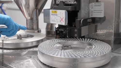 Close-up of a pharmaceutical technician wearing sterile gloves and protective uniform operating a tablet press machine during vitamin or medicine production in a cleanroom facility.