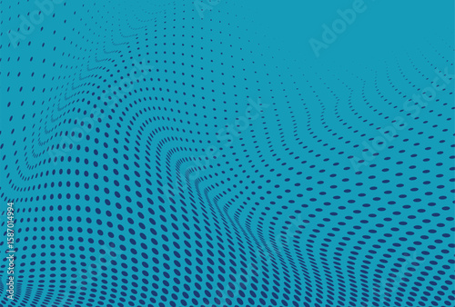 Dynamic blue halftone pattern background with wavy distortion, ideal for modern technology or abstract concepts