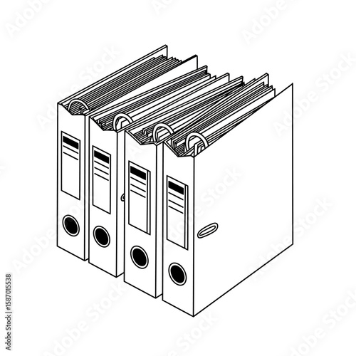 Isometric View of Four Ring Binders with Documents, Black Outline.
