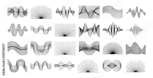 A collection of 28 abstract linear waveforms and geometric patterns in black and white—ideal for sound waves, data visualization, tech backgrounds, and futuristic design elements.