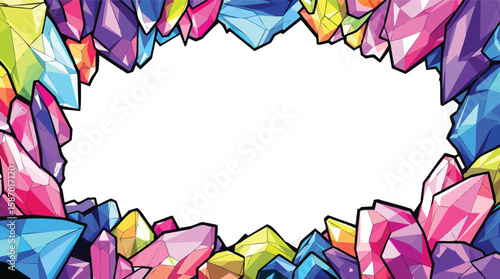 Colorful geometric crystal frame border with blank space for text or design elements.