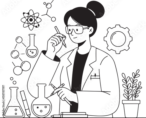 Vector line art illustration of a scientist doing research surrounded by various lab elements.
