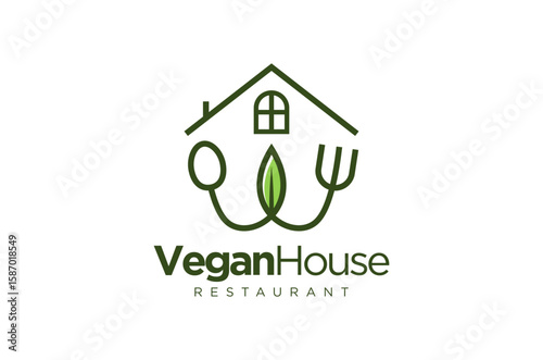 Vegan House Restaurant logo design featuring a house, leaf, fork, and spoon.  A symbol of healthy, plant-based dining.