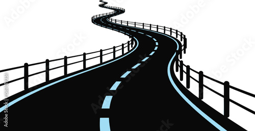 Winding black asphalt road with white dashed lines and black fence