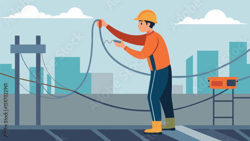 In a rooftop construction site the electrician is fitting electrical wires neatly into metal channels ensuring a clean and organized layout.. Vector illustration