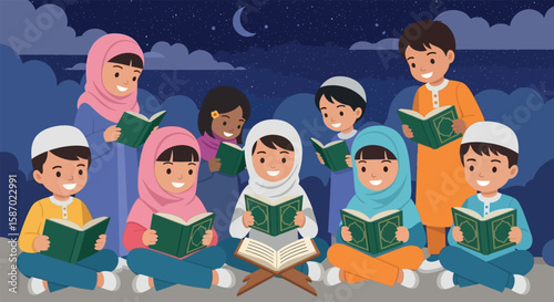 Children Reading Religious Texts at Night
